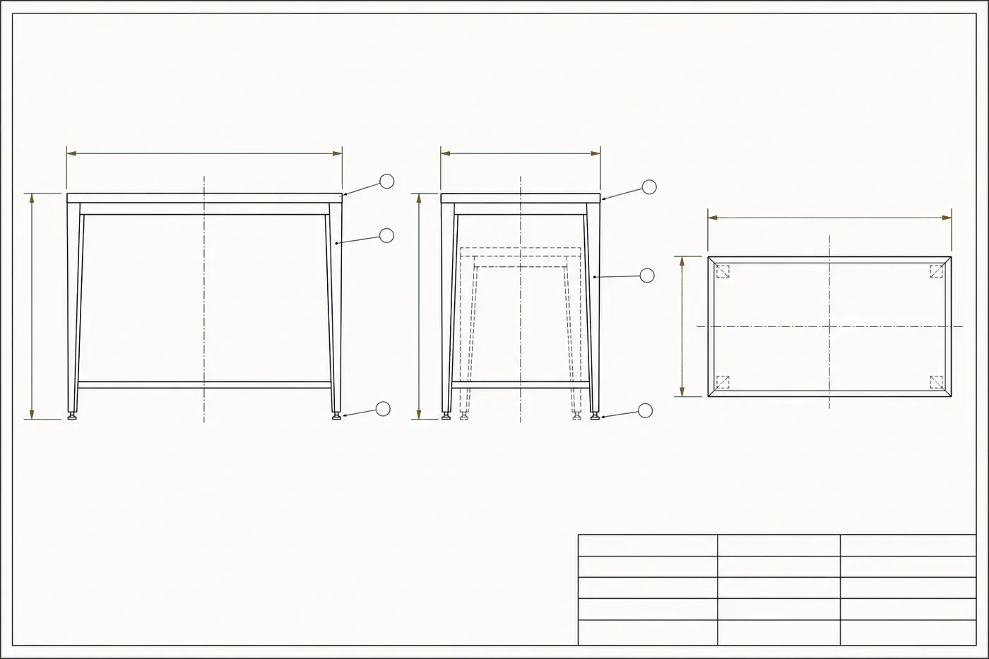 Dibujo técnico de un mueble con sus cotas y cuadro de materiales