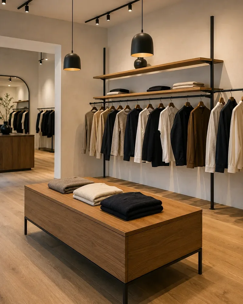 Piso de venta de boutique con muro de colgado, repisa de madera y mesa de exhibición