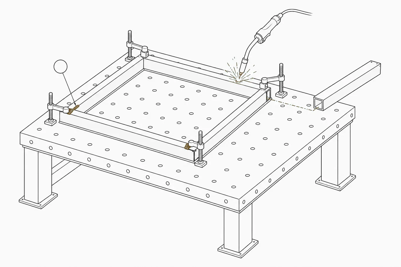 Mesa de soldadura con un bastidor metálico sujetado por prensas
