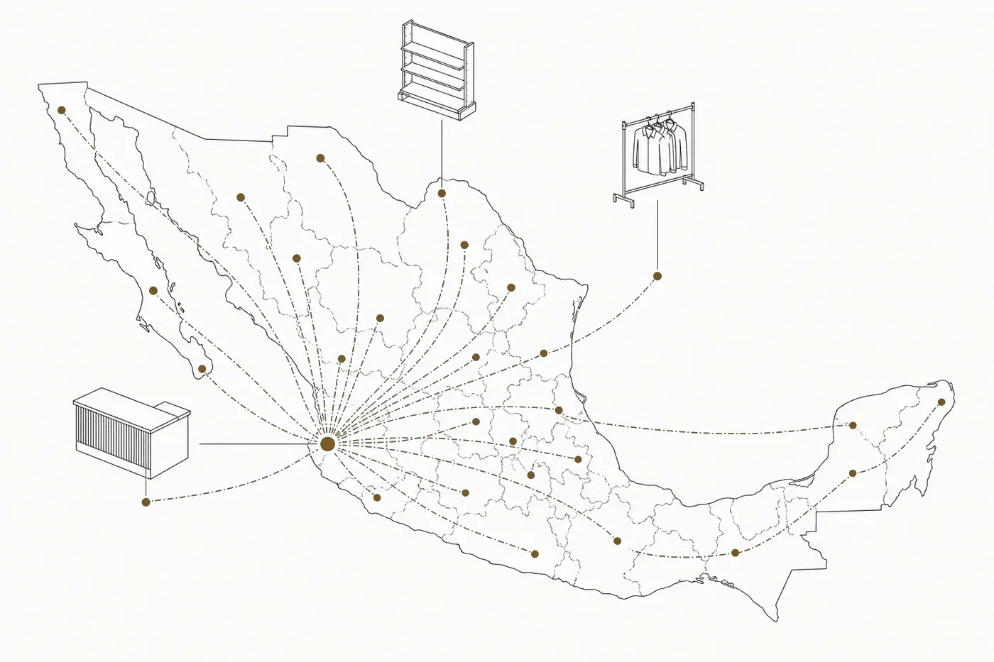 Mapa de México con rutas de embarque desde Guadalajara hacia los estados