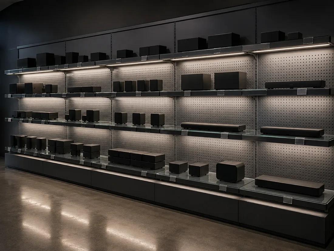 Muro de exhibición con repisas iluminadas para electrónica