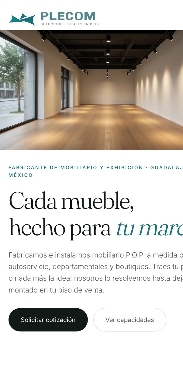 PLECOM · Fábrica de mobiliario P.O.P. — vista en celular